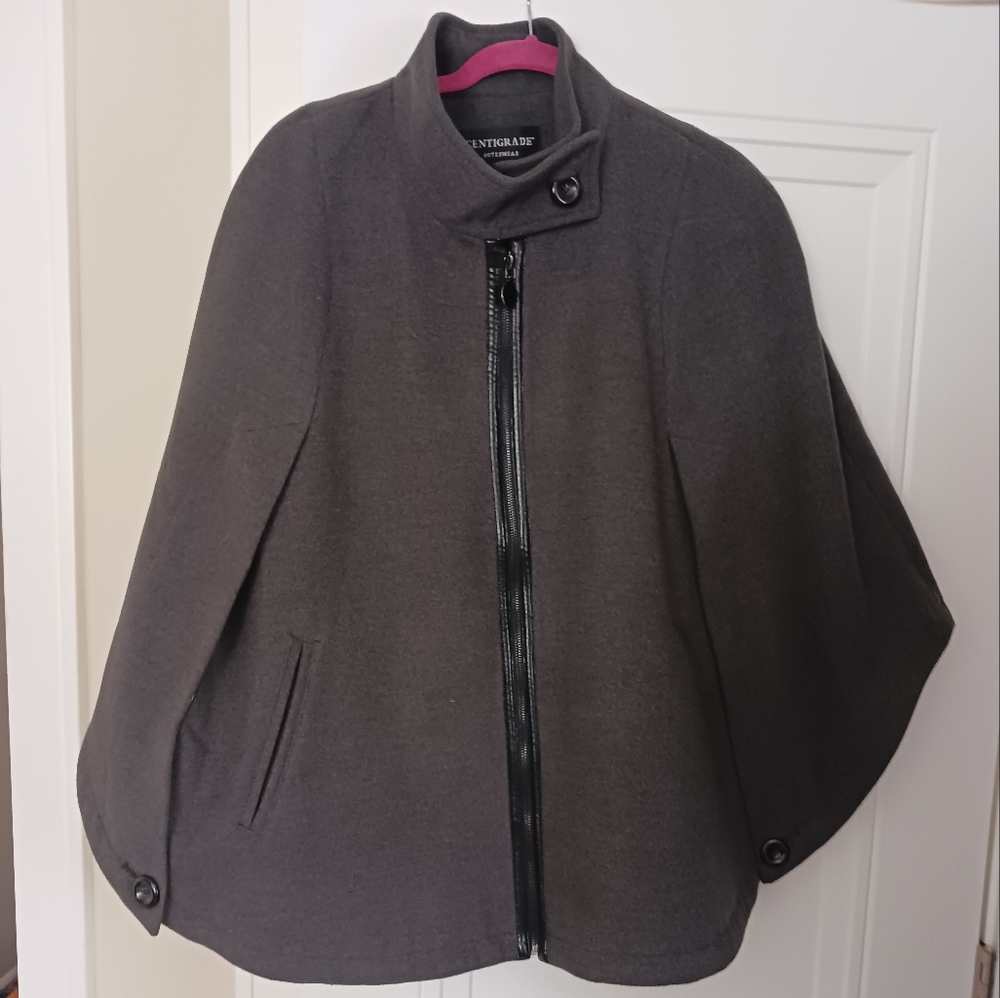 Centigrade Grey cape with faux leather trim